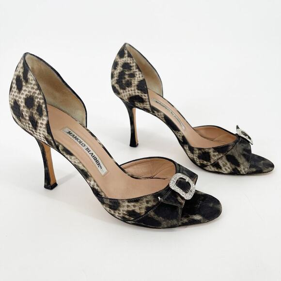 Manolo Blahnik Animal Print Satin Crystal Buckle Peep Toe D'Orsay Heel IT 38.5 - Picture 1 of 11